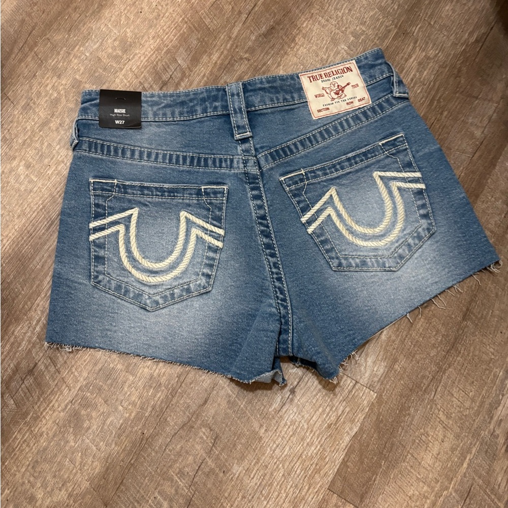 True Religion Indigo Denim Shorts with Cream Rope Stitching